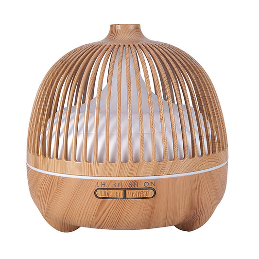 Birdcage Ultrasonic Humidifier with Aromatherapy – Hollow Wood Grain Design for Home & Office