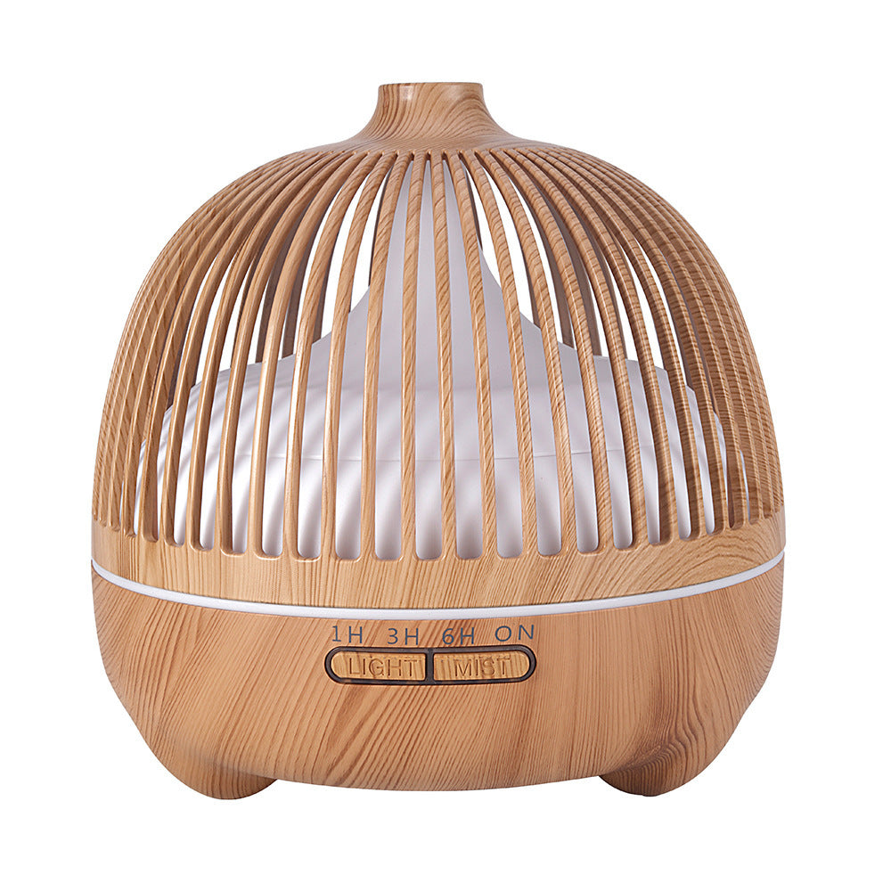 Birdcage Ultrasonic Humidifier with Aromatherapy – Hollow Wood Grain Design for Home & Office