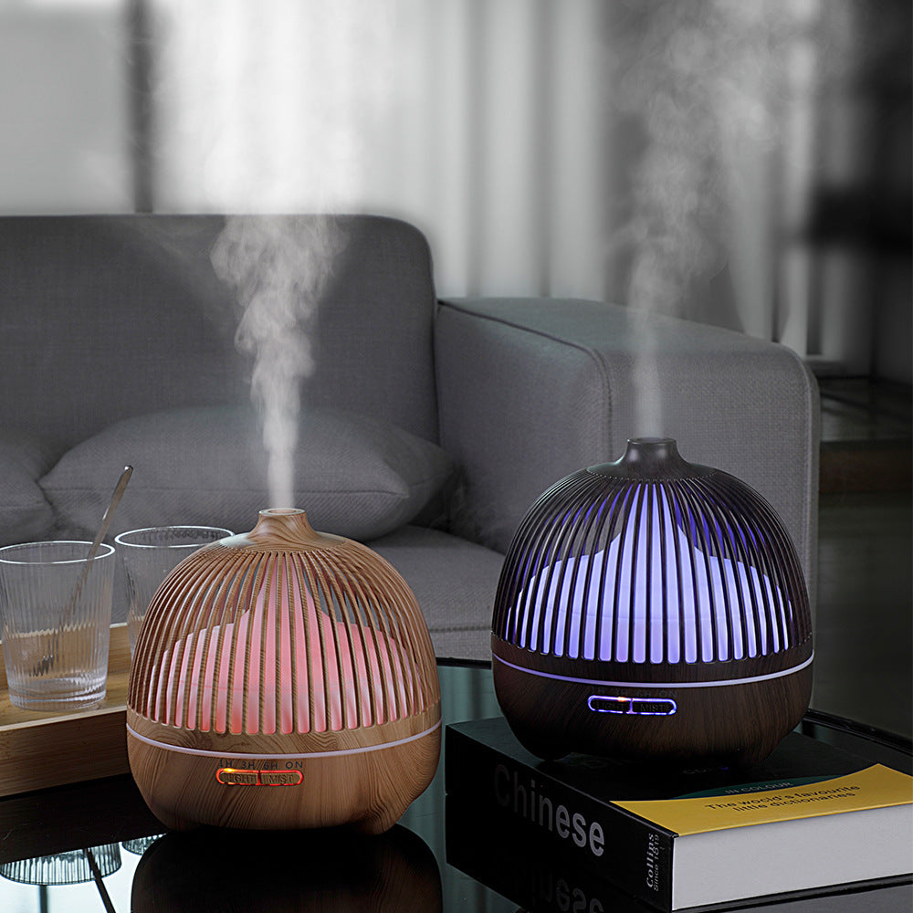 Birdcage Ultrasonic Humidifier with Aromatherapy – Hollow Wood Grain Design for Home & Office