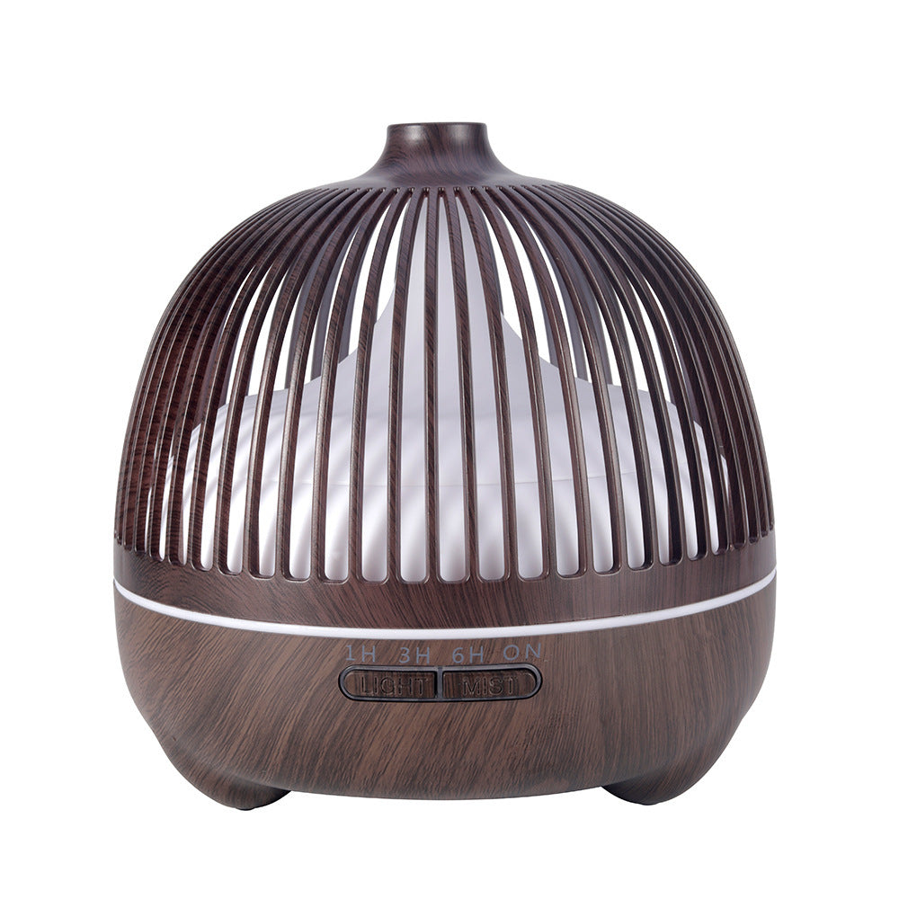 Birdcage Ultrasonic Humidifier with Aromatherapy – Hollow Wood Grain Design for Home & Office